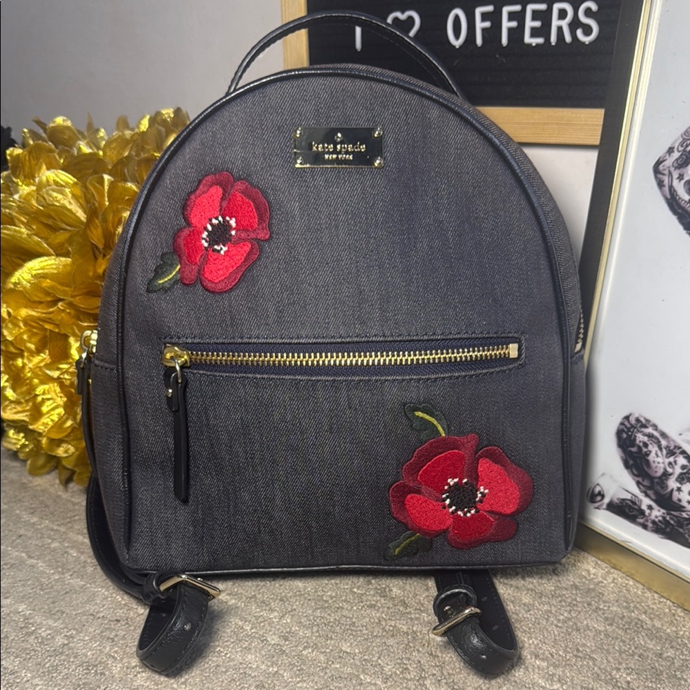Kate Spade Denim Backpack with Red Poppy Floral Accents